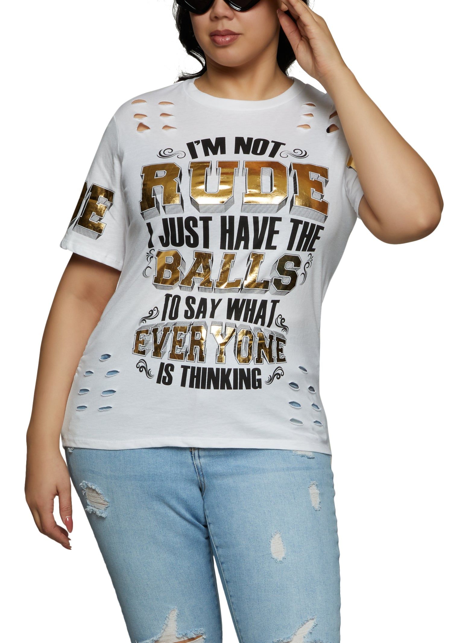Plus Size Foil Screen Graphic Laser Cut Tee sold by Rainbow