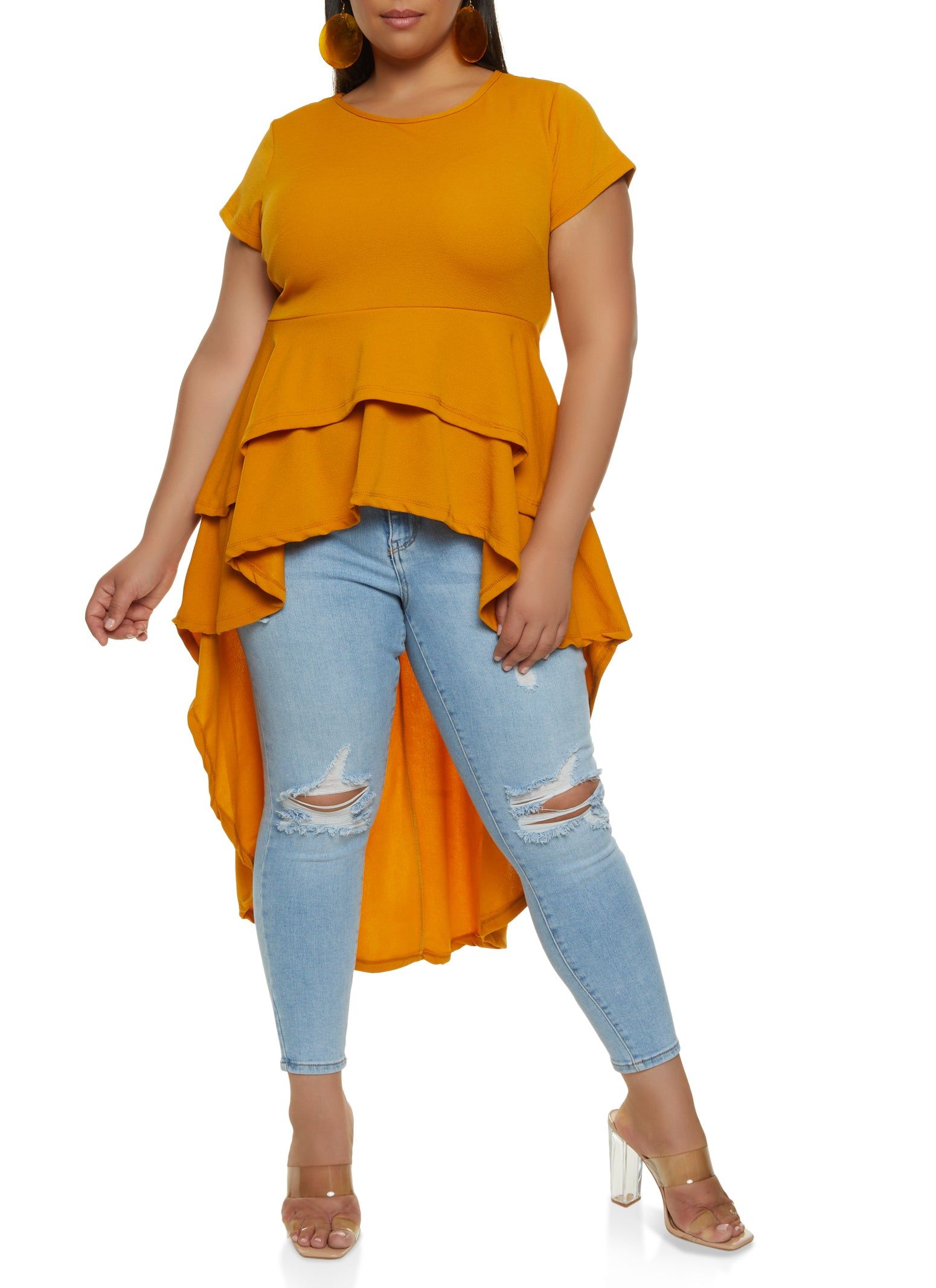 Plus Size Crew Neck Tiered High Low Shirt sold by Rainbow