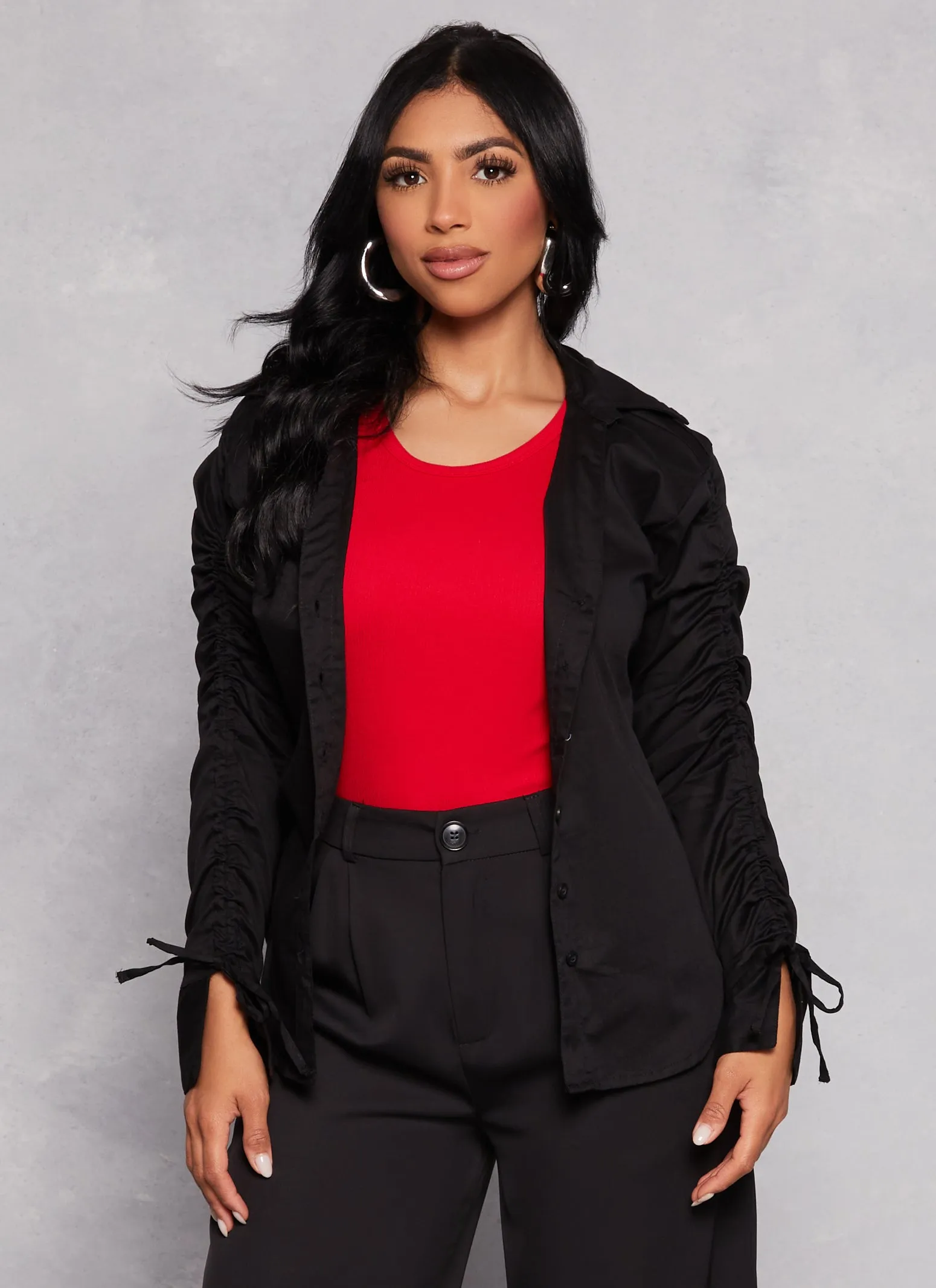 Ruched Sleeve Button Front Blouse sold by Rainbow