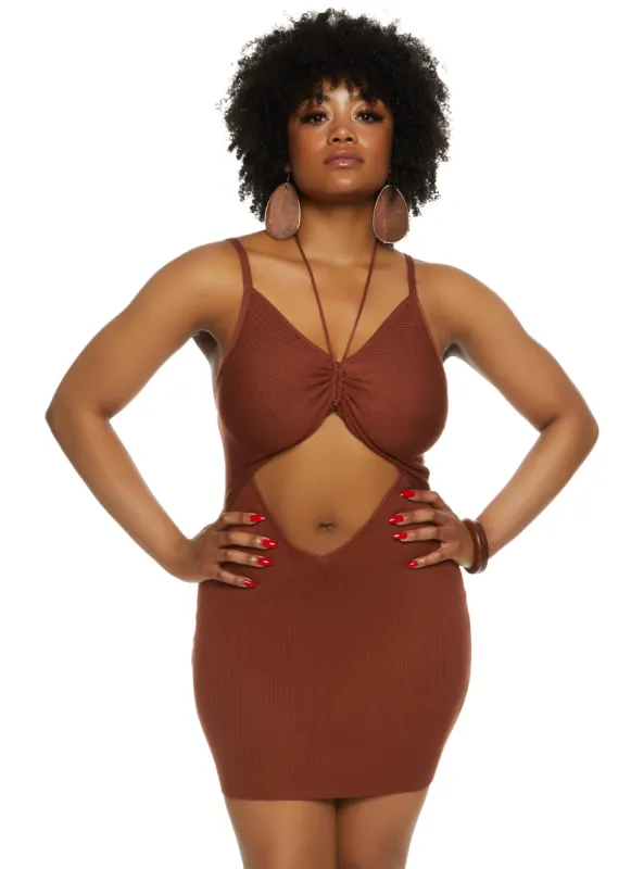Plus Size Rib Knit Ruched Cut Out Front Mini Dress sold by Rainbow