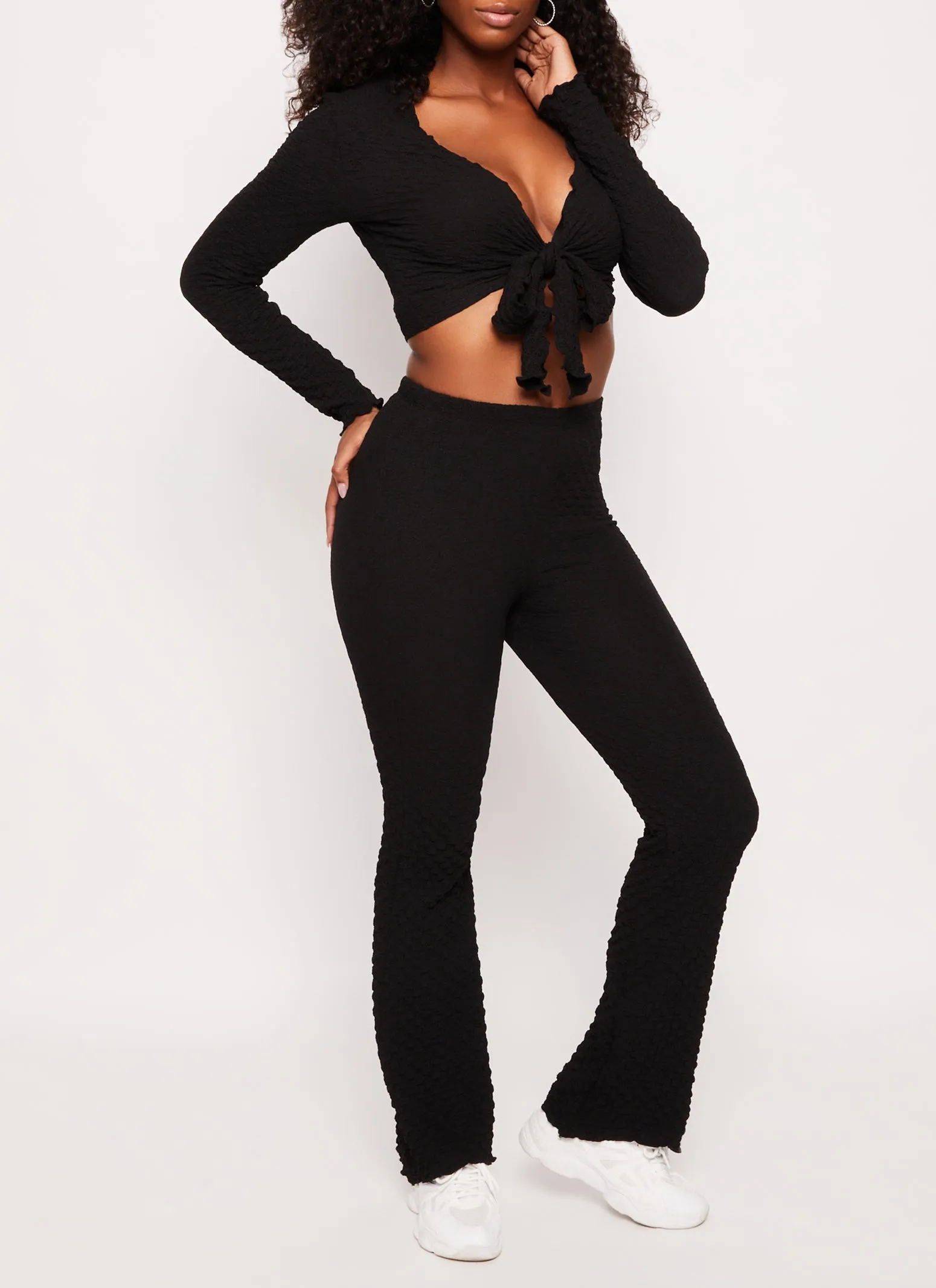 Textured Knit Long Sleeve Tie Front Crop Top sold by Rainbow product image thumbnail 2