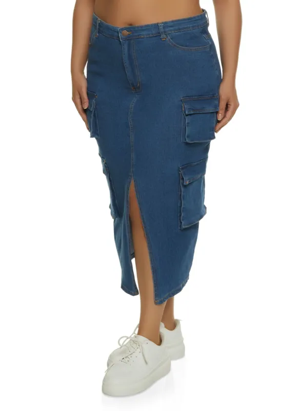 Plus Size Slit Front Cargo Pocket Denim Skirt sold by Rainbow