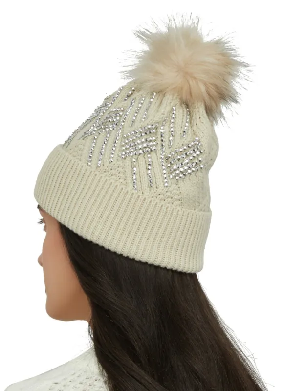 Textured Knit Rhinestone Pom Pom Beanie sold by Rainbow