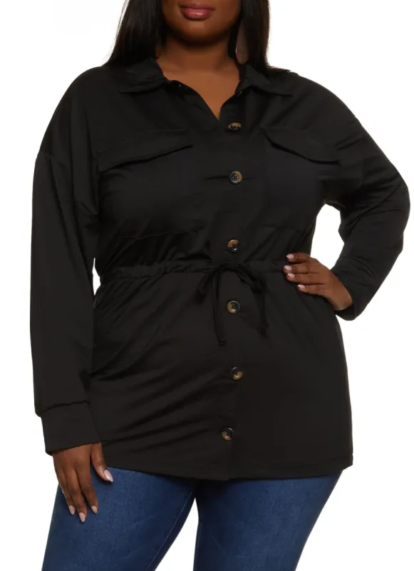 Plus Size Drawstring Waist Button Front Shirt sold by Rainbow