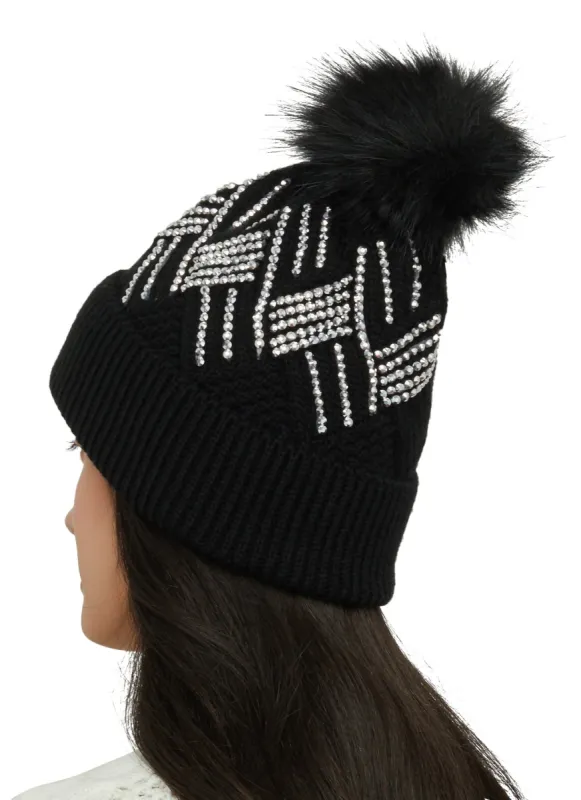 Textured Knit Rhinestone Pom Pom Beanie sold by Rainbow