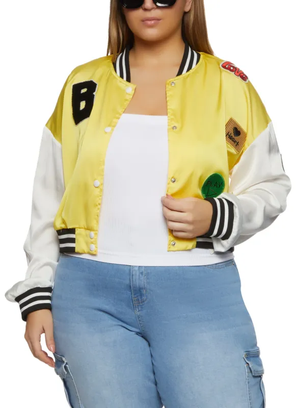 Plus Size Daisy B Chenille Graphic Patch Varsity Jacket sold by Rainbow