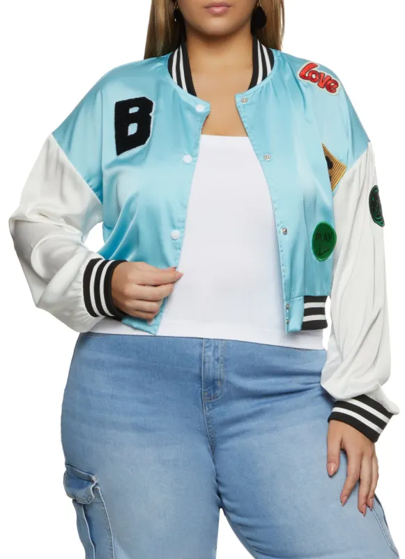 Plus Size Daisy B Chenille Graphic Patch Varsity Jacket sold by Rainbow