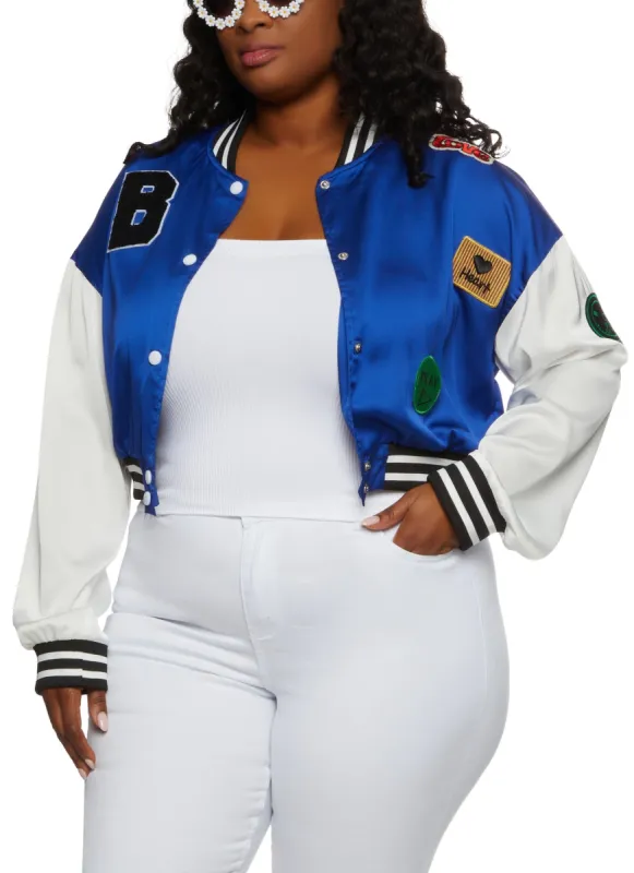 Plus Size Daisy B Chenille Graphic Patch Varsity Jacket sold by Rainbow