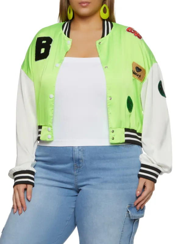 Plus Size Daisy B Chenille Graphic Patch Varsity Jacket sold by Rainbow