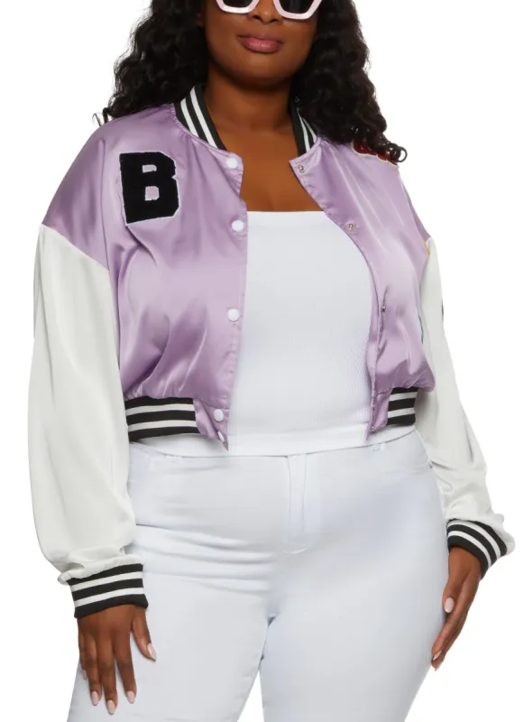 Plus Size Daisy B Chenille Graphic Patch Varsity Jacket sold by Rainbow