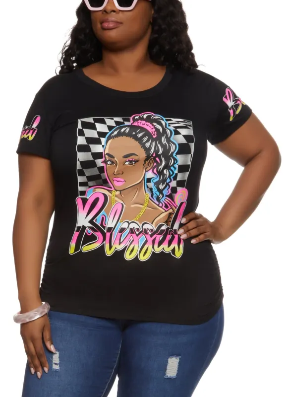 Plus Size Blessed Checkered Graphic Tee sold by Rainbow