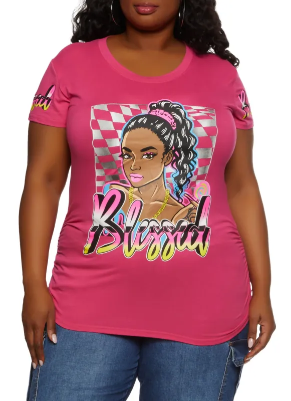 Plus Size Blessed Checkered Graphic Tee sold by Rainbow