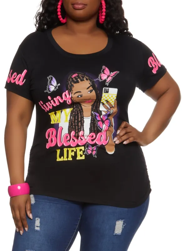 Plus Size Living My Blessed Life Short Sleeve Graphic Tee sold by Rainbow