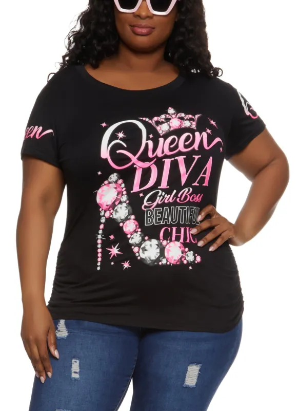 Plus Size Queen Diva Ruched Side Graphic Tee sold by Rainbow