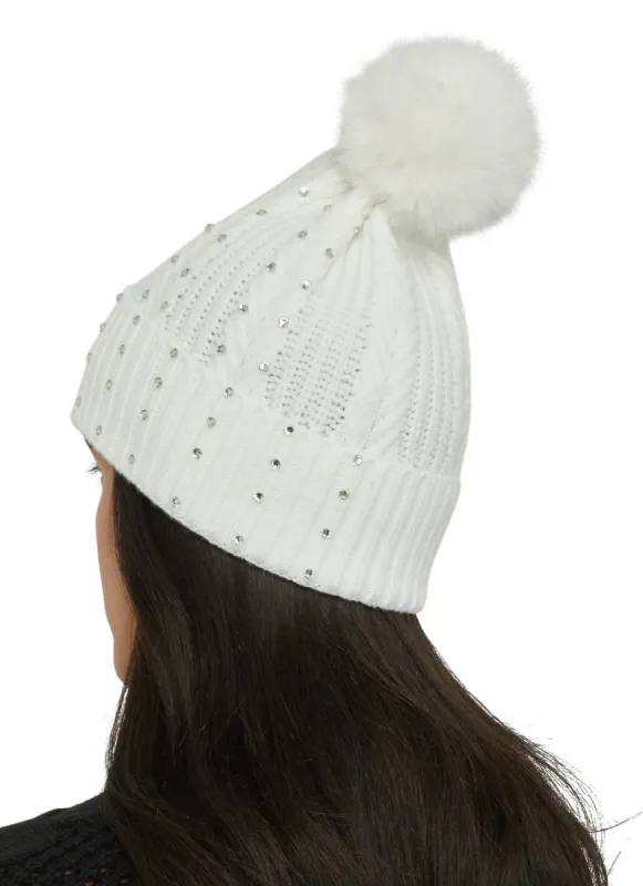 Rhinestone Studded Textured Knit Pom Pom Beanie sold by Rainbow