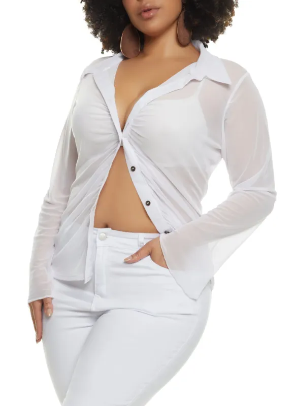 Plus Size Mesh Ruched Button Front Shirt sold by Rainbow