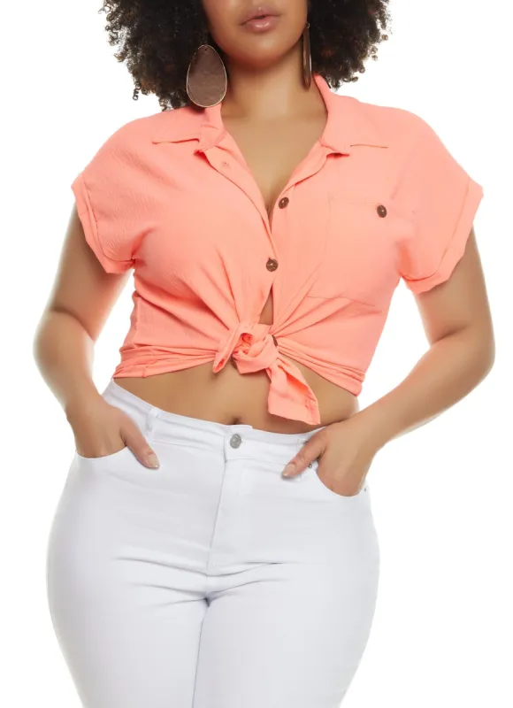 Plus Size Button Front Cap Sleeve Shirt sold by Rainbow