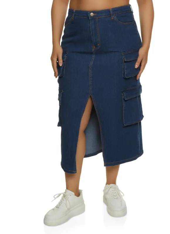 Plus Size Slit Front Cargo Pocket Denim Skirt sold by Rainbow