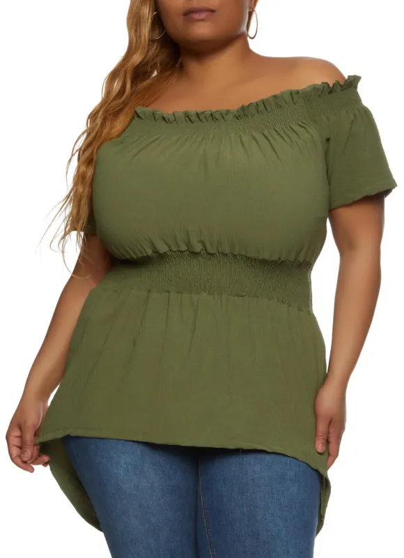 Plus Size Solid Smocked Off the Shoulder Blouse sold by Rainbow