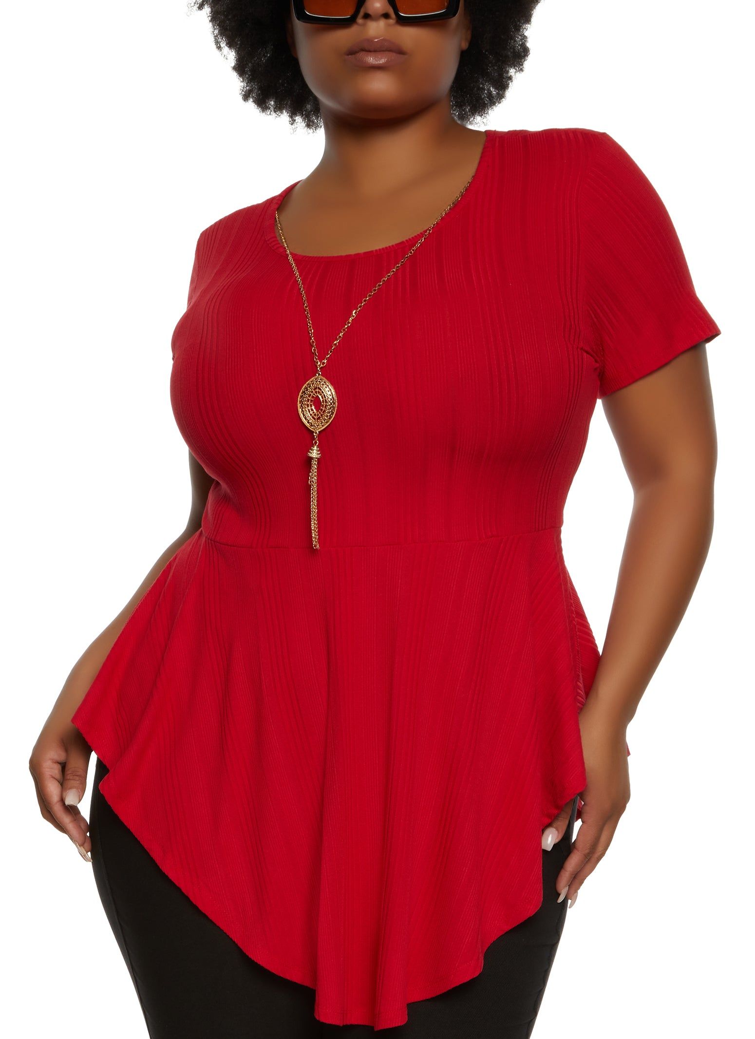 Plus Size Ribbed Hanky Hem Top with Necklace sold by Rainbow