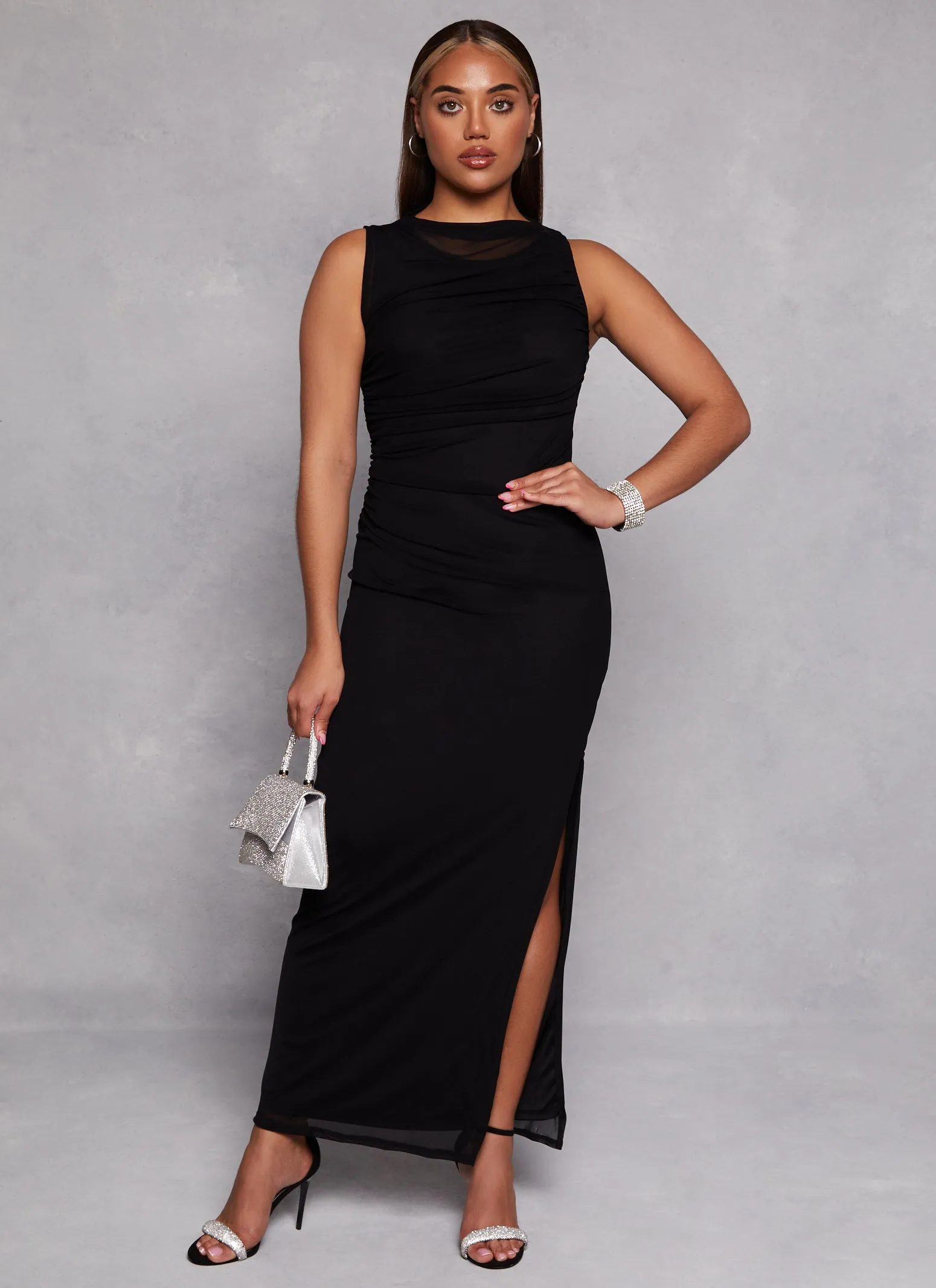 Haute Monde Mesh High Cowl Neck Side Slit Maxi Dress sold by Rainbow