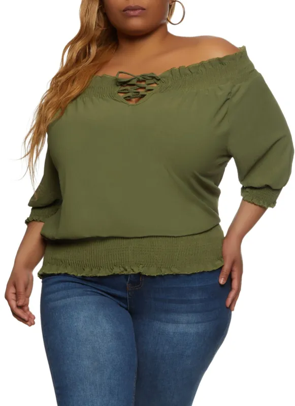 Plus Size Lace Up Front Off the Shoulder Peasant Top sold by Rainbow