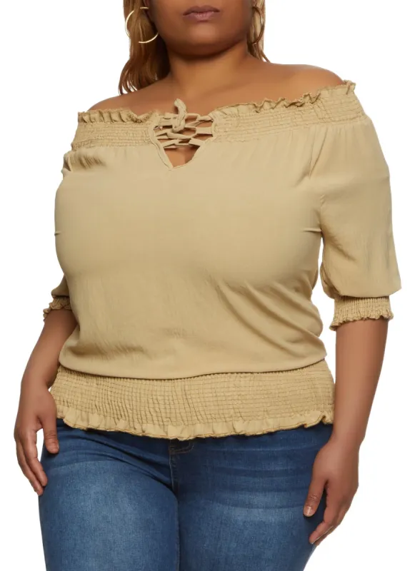 Plus Size Lace Up Front Off the Shoulder Peasant Top sold by Rainbow