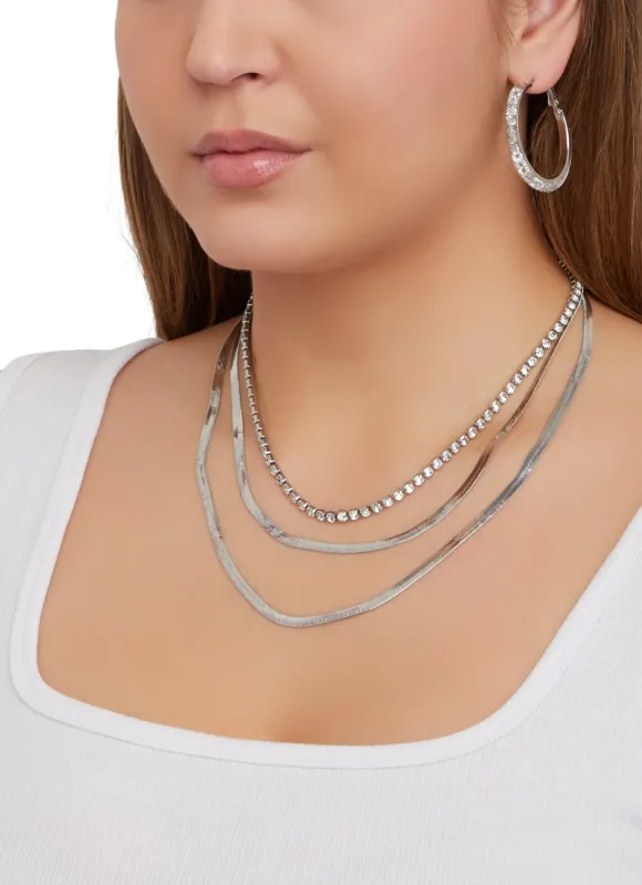 Rhinestone Layered Snake Chain Necklace and Caged Hoop Earrings sold by Rainbow