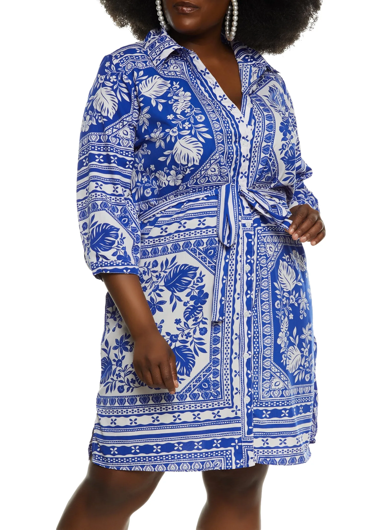 Plus Size Border Print Tie Waist Belt Shirt Dress sold by Rainbow