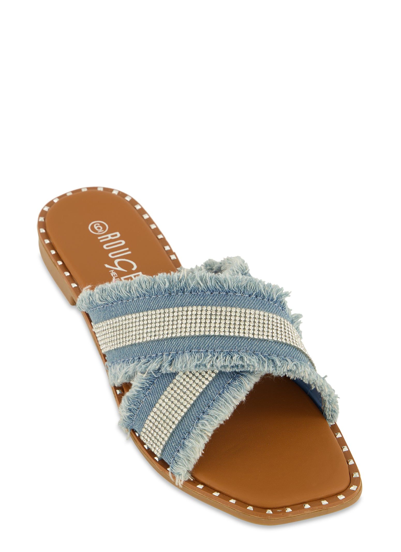 Rhinestone Frayed Criss Cross Slide Sandals sold by Rainbow