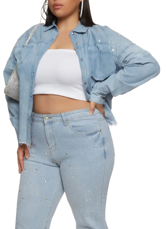 Plus Size Denim Rhinestone Detail Button Front Shirt sold by Rainbow