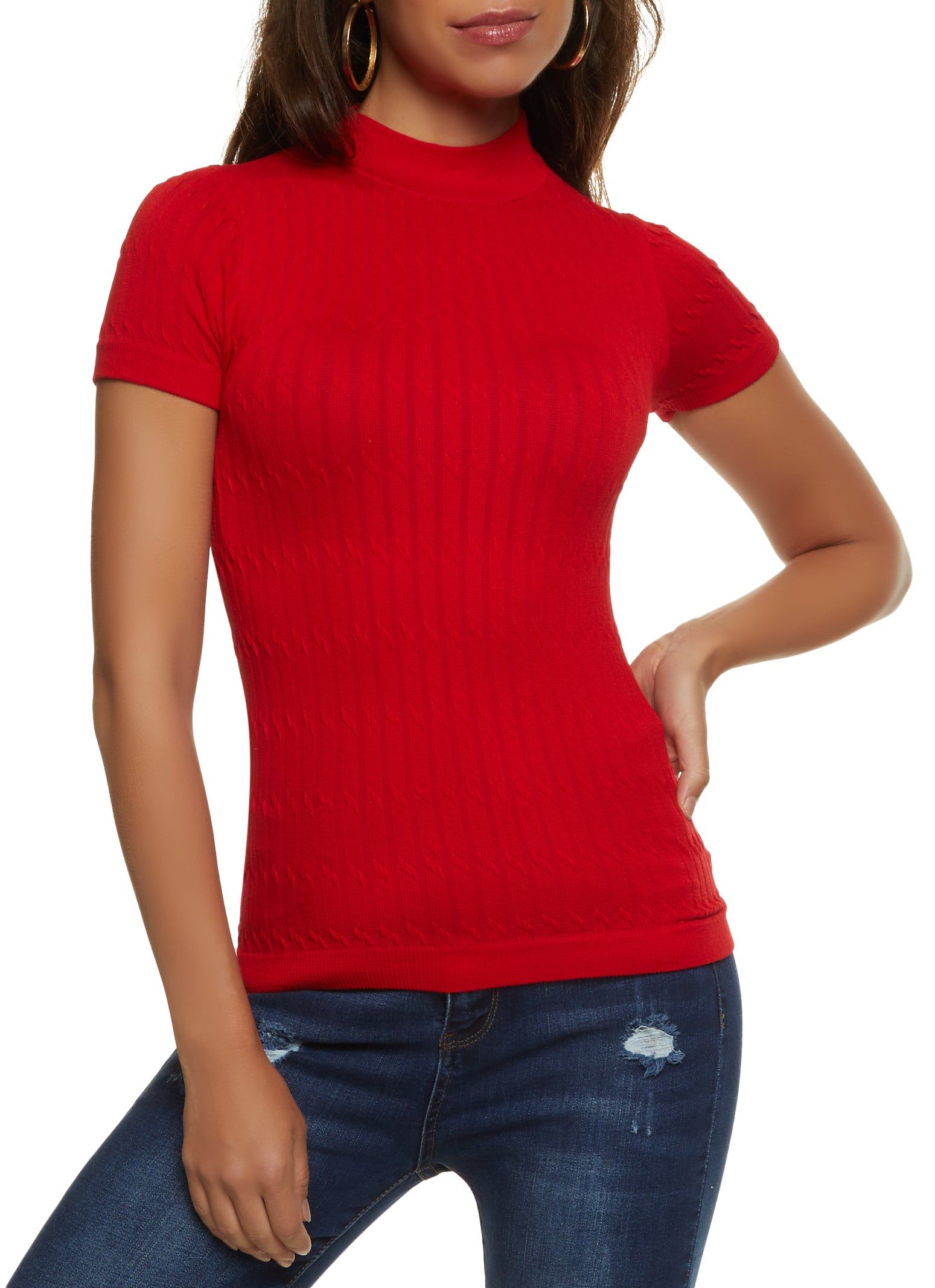 Seamless Cable Knit Mock Neck Short Sleeve Top sold by Rainbow