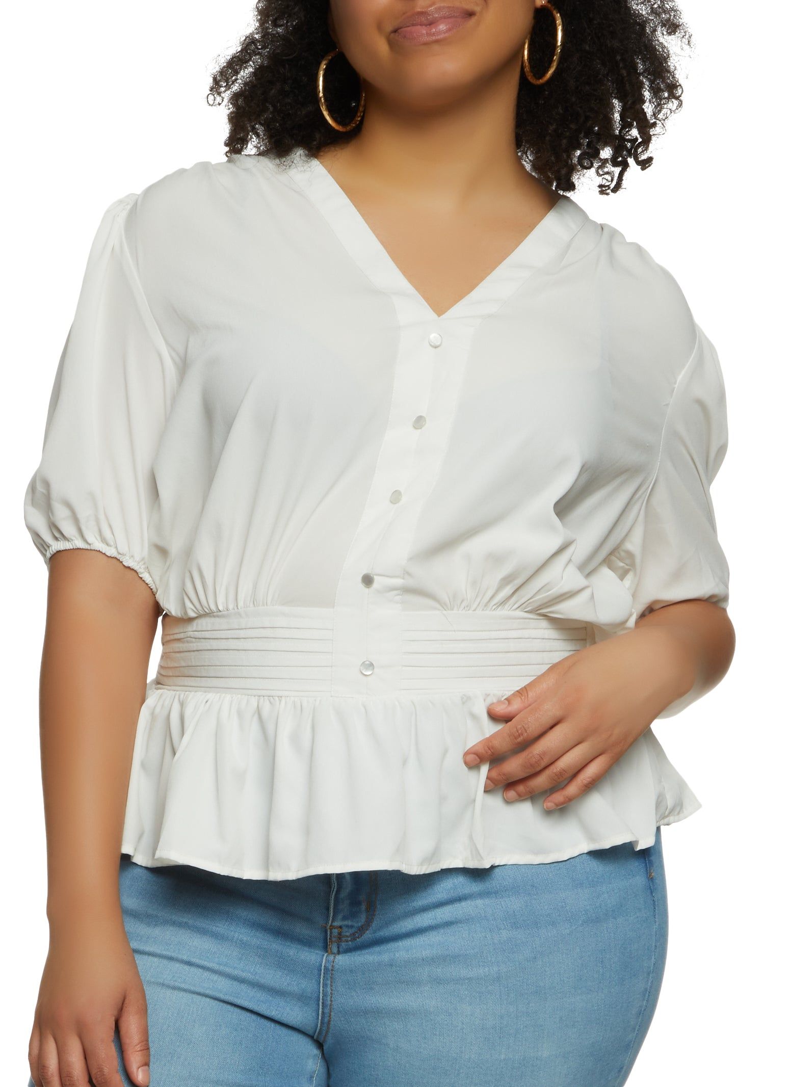 Plus Size Faux Button Tie Back Peplum Top sold by Rainbow