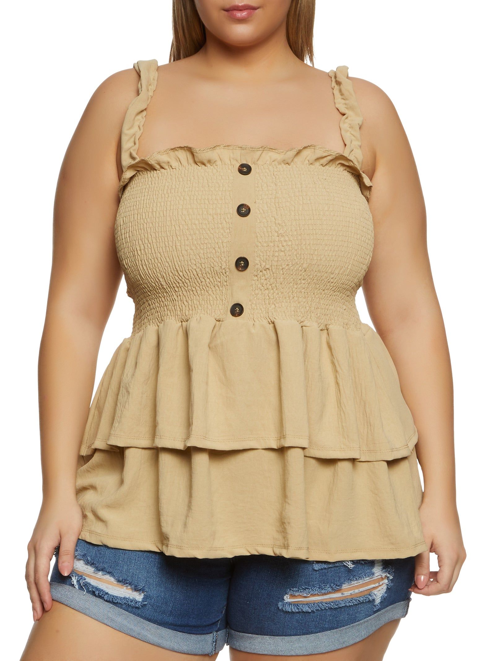 Plus Size Smocked Button Front Tank Top sold by Rainbow