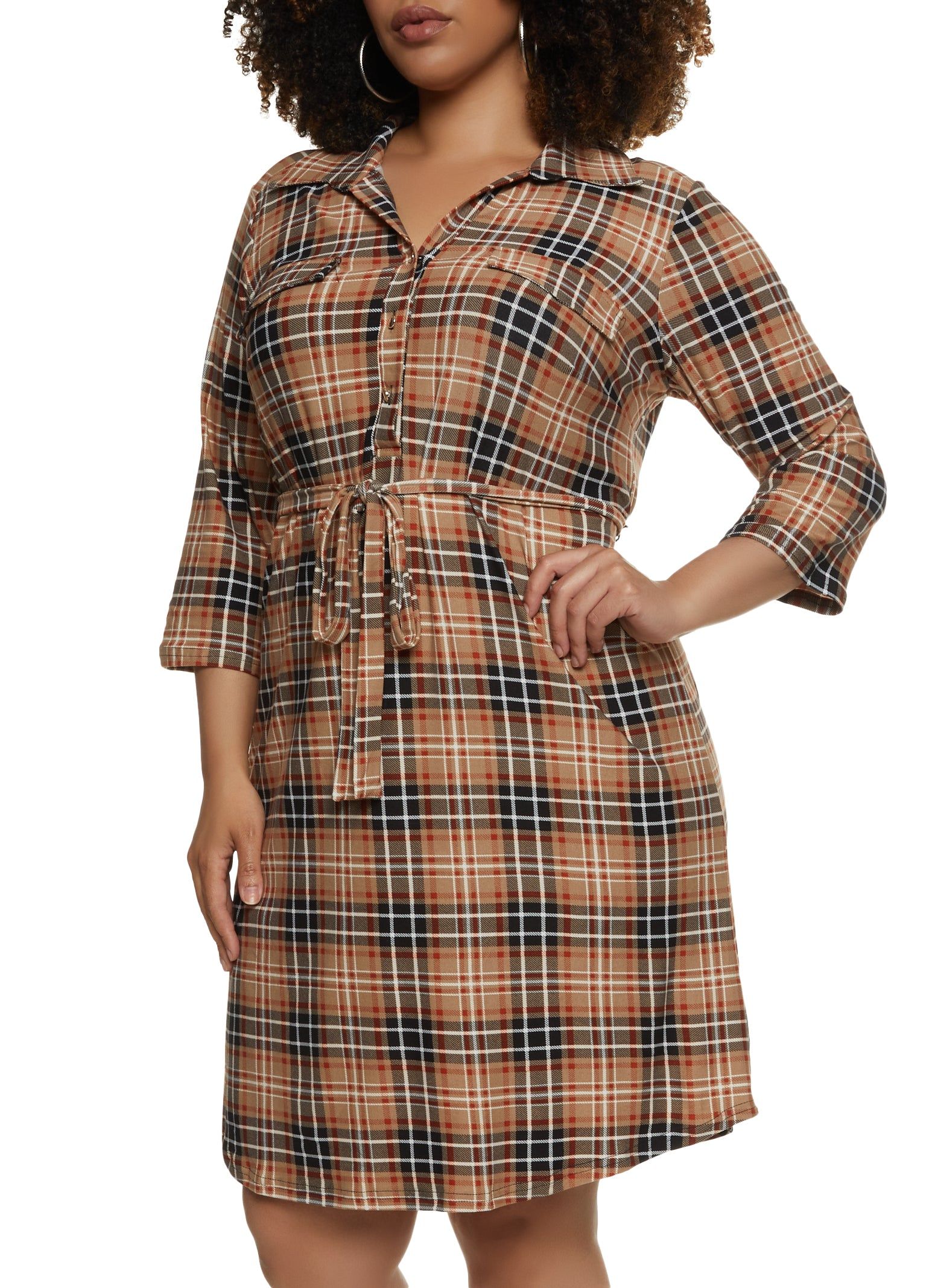 Plus Size Plaid Tie Waist Shirt Dress sold by Rainbow