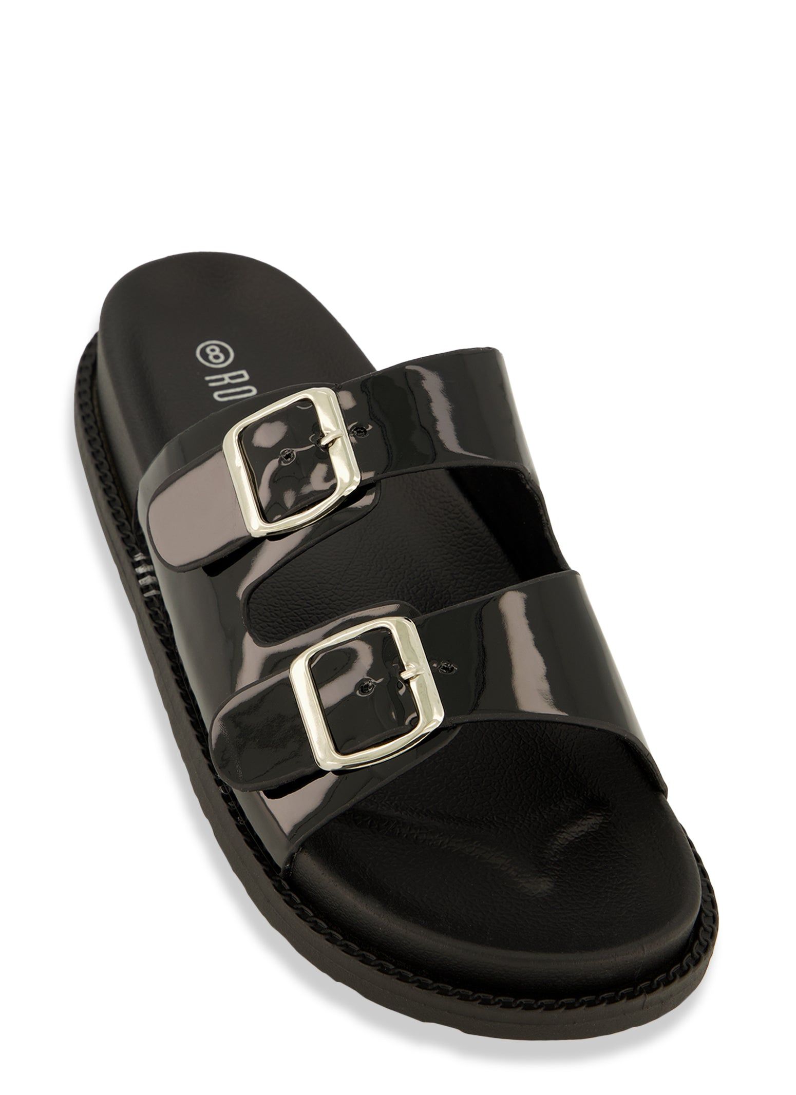 Double Buckle Iridescent Slide Sandals sold by Rainbow