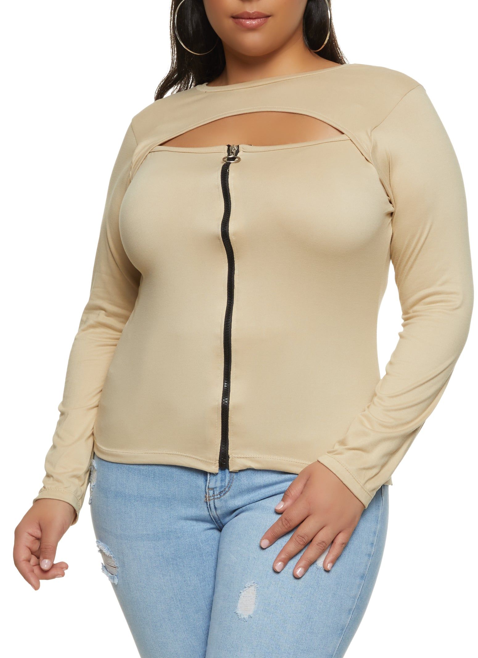 Plus Size Long Sleeve Keyhole Zip Front Top sold by Rainbow