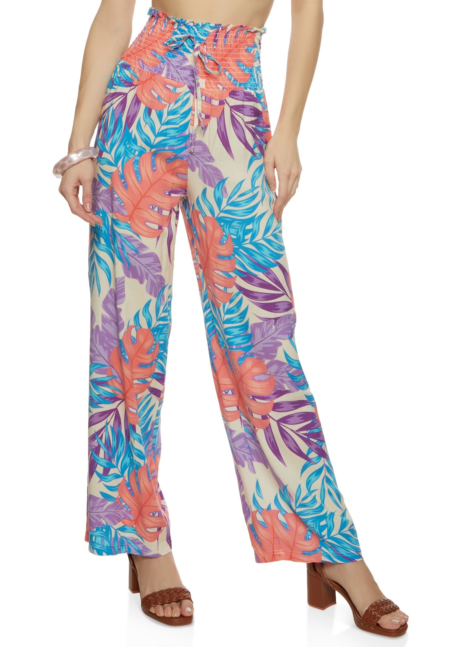 Smocked Waist Tropical Print Wide Leg Pants sold by Rainbow