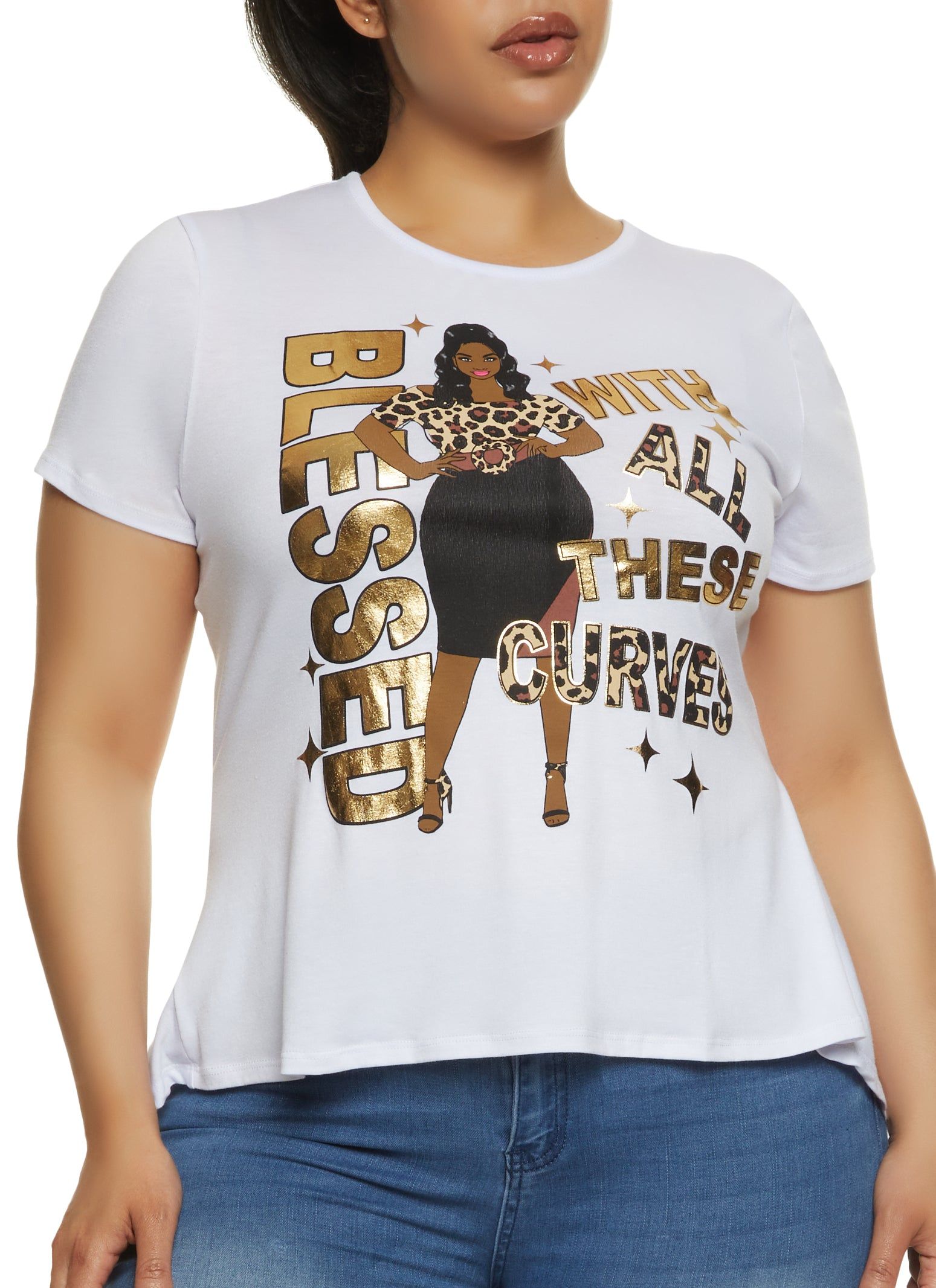 Plus Size Blessed Foil Screen Graphic Tee sold by Rainbow