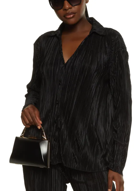 Plisse V Neck Button Front Shirt sold by Rainbow