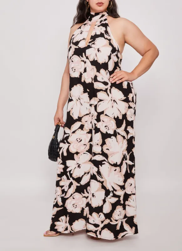 Plus Size Floral Print Keyhole Wide Leg Jumpsuit sold by Rainbow