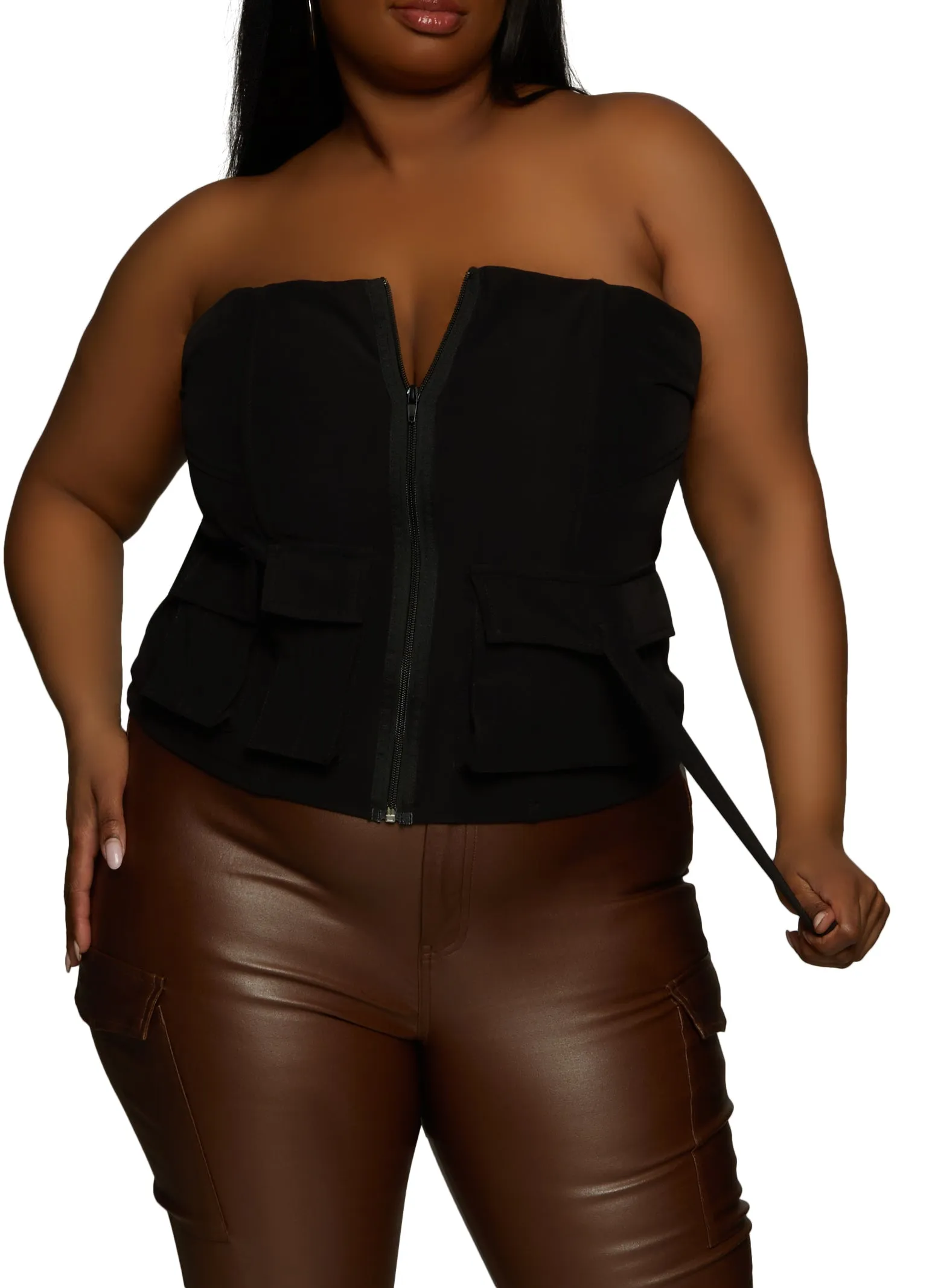 Plus Size Zip Front Cargo Pocket Tube Top sold by Rainbow