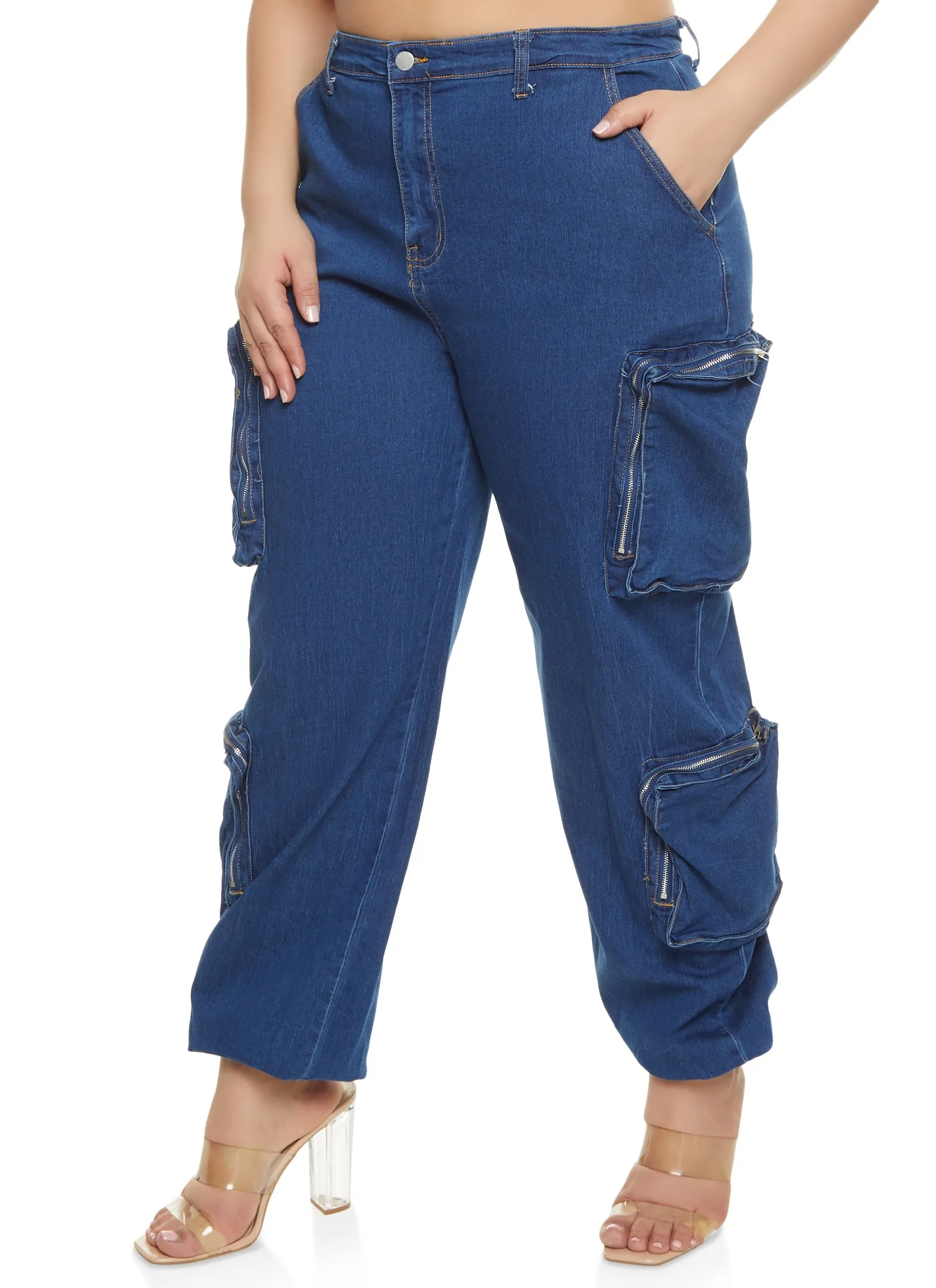 Plus Size Zip Cargo Pocket Jeans sold by Rainbow