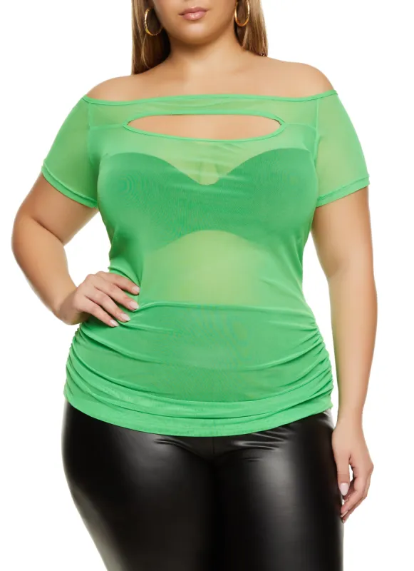 Plus Size Mesh Keyhole Off the Shoulder Top sold by Rainbow