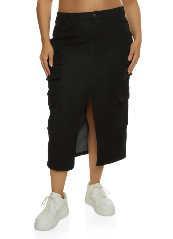 Plus Size Slit Front Cargo Pocket Denim Skirt sold by Rainbow