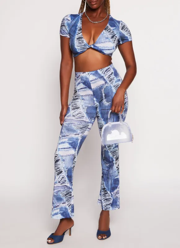 Distressed Denim Print High Waist Flare Pants sold by Rainbow