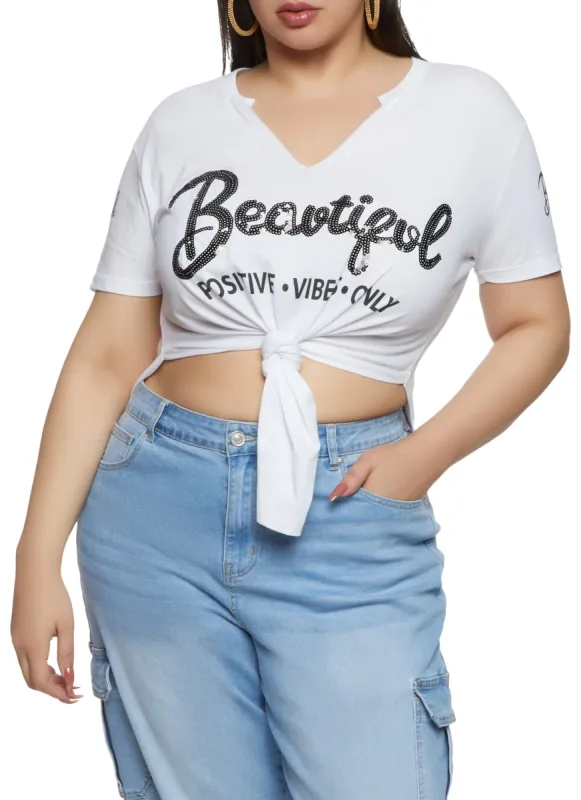 Plus Size Sequin Beautiful Positive Vibes Only Knot Front Tee sold by Rainbow