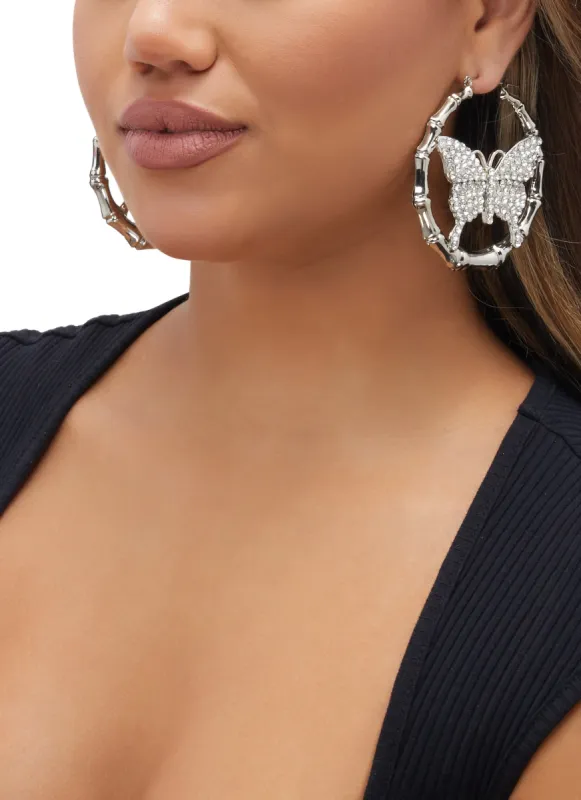 Rhinestone Butterfly Bamboo Hoop Earrings sold by Rainbow