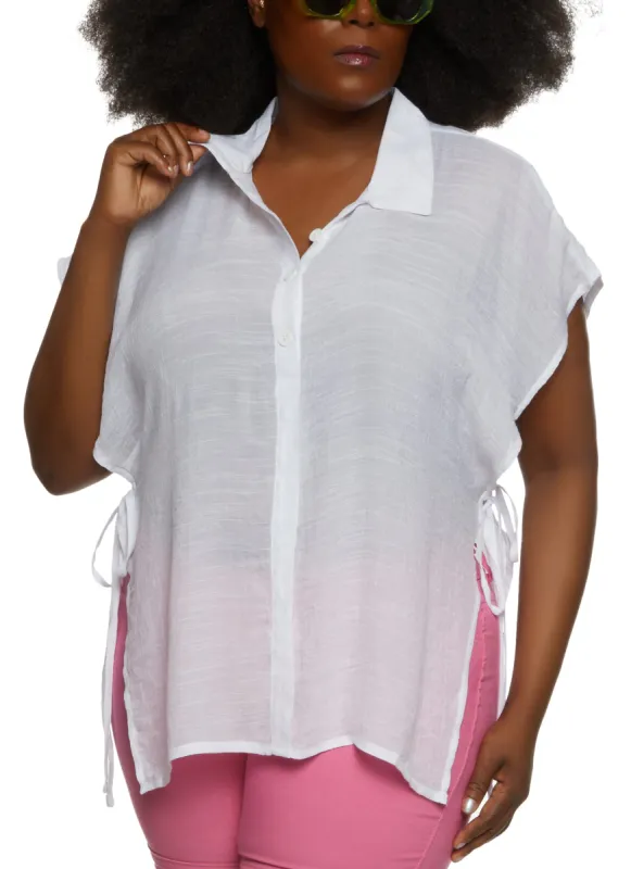 Plus Size Open Side Tie Button Front Top sold by Rainbow