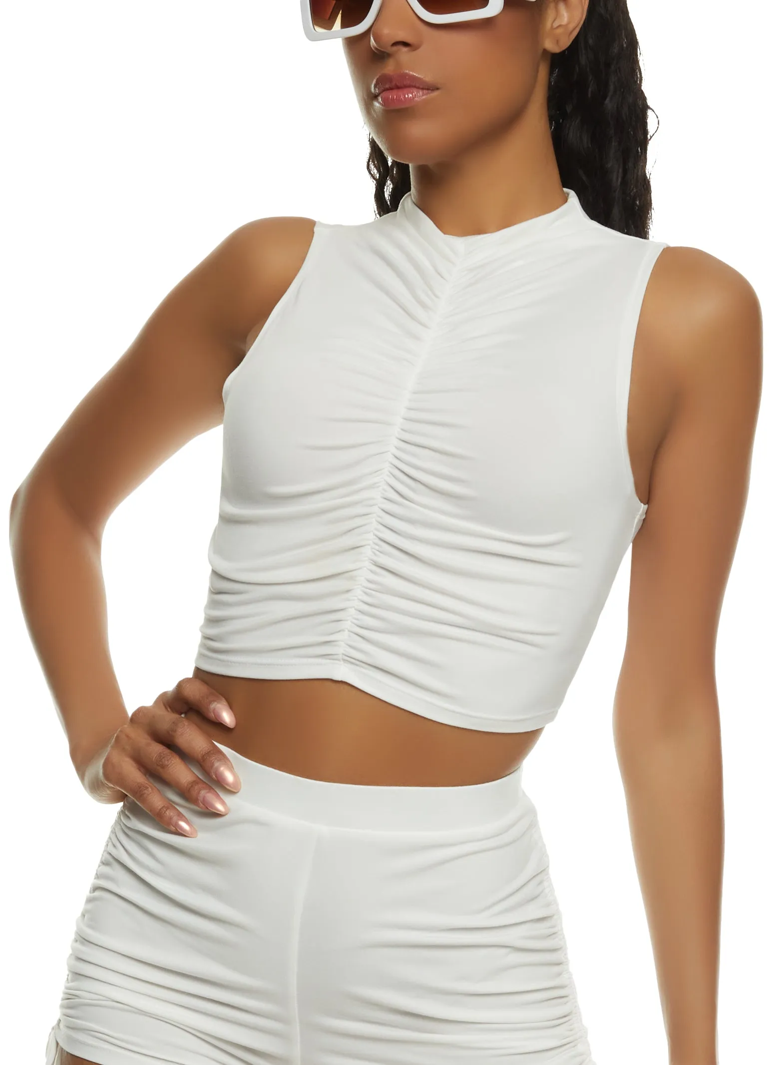 Solid Ruched High Neck Tank Top sold by Rainbow